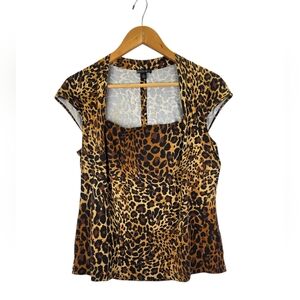 Lafayette 148 NY Women's Square Neckline Leopard Animal Print Blouse Size Large